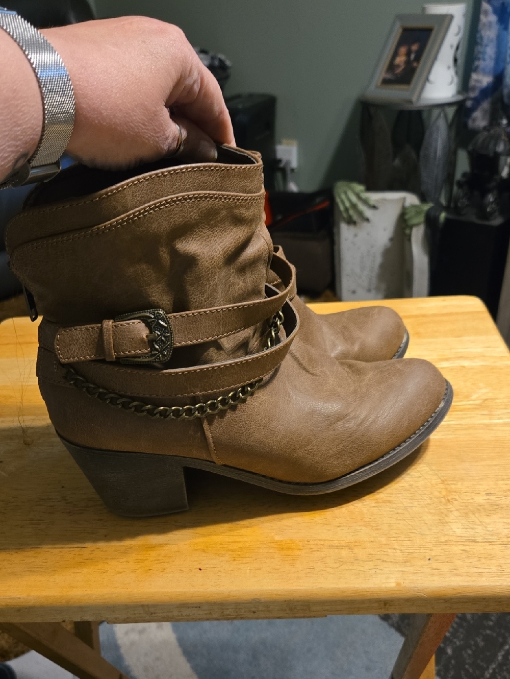 SO Brown Mid-Heel Ankle Boots with Chain and Buckle Detail
